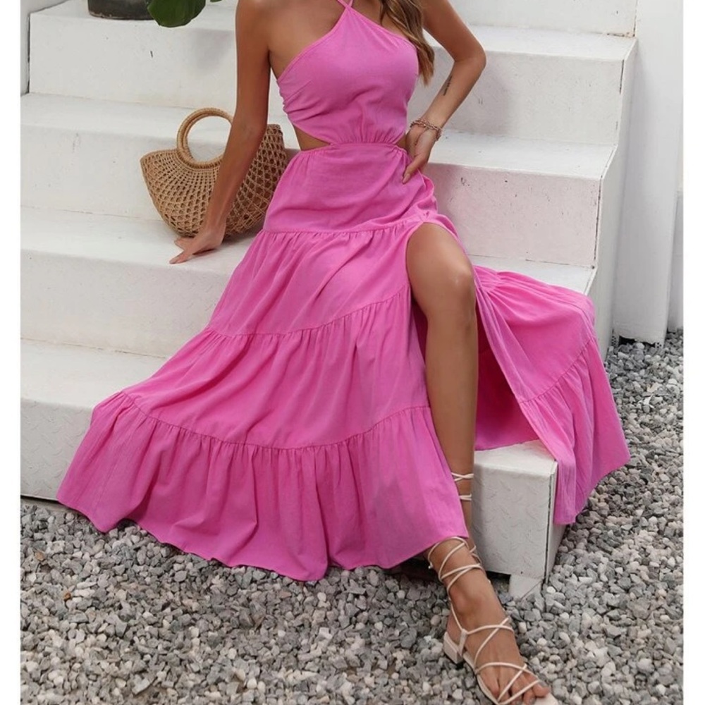 Shein VCAY Crisscross Tie Backless Cut Out Ruffle Hem Split Thigh Dress sundress